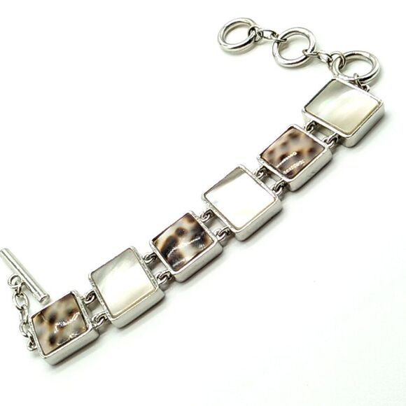 Lia Sophia SUMATRA MOP Tiger Shell Silver Adjustable Toggle Link Bracelet - Picture 1 of 6